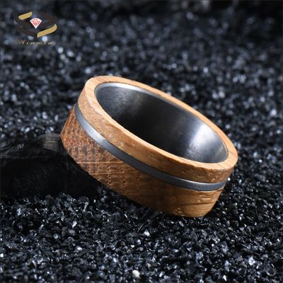 Geometric Wooden Jewelry 8mm Natural Solid Whiskey Barrel Wood Ring Tungsten Wedding Band for Men