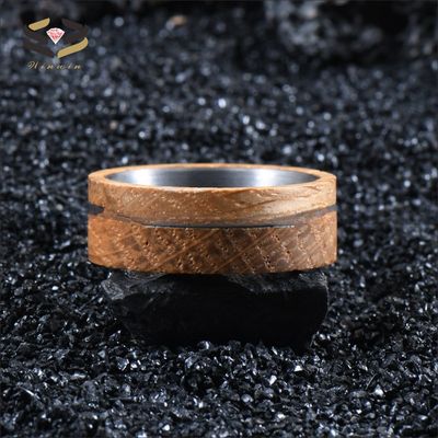 Geometric Wooden Jewelry 8mm Natural Solid Whiskey Barrel Wood Ring Tungsten Wedding Band for Men