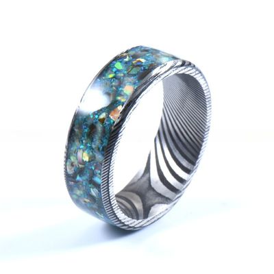 8mm Damascus Steel Men'S Wedding Band With Colorful Opal And Shell Inlay