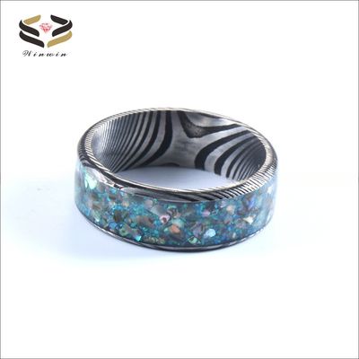 8mm Damascus Steel Men'S Wedding Band With Colorful Opal And Shell Inlay