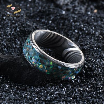8mm Damascus Steel Men'S Wedding Band With Colorful Opal And Shell Inlay