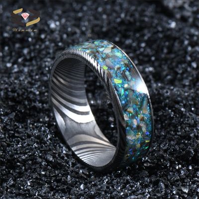 8mm Damascus Steel Men'S Wedding Band With Colorful Opal And Shell Inlay