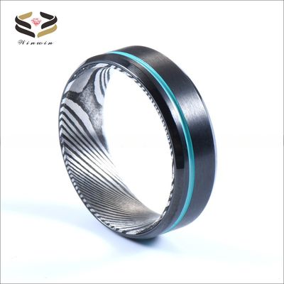Black Tungsten Damascus Steel Men's Wedding Ring 8mm with Turquoise Grooved Line