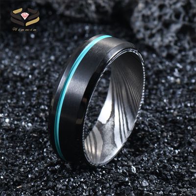 Black Tungsten Damascus Steel Men's Wedding Ring 8mm with Turquoise Grooved Line