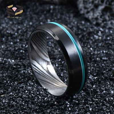 Black Tungsten Damascus Steel Men's Wedding Ring 8mm with Turquoise Grooved Line