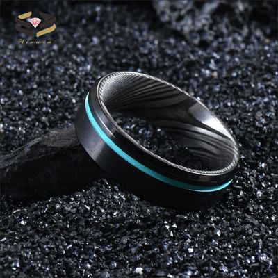 Black Tungsten Damascus Steel Men's Wedding Ring 8mm with Turquoise Grooved Line