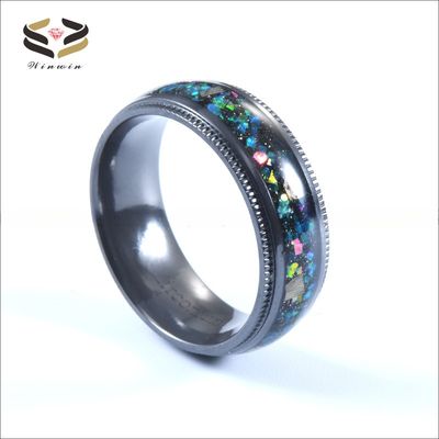 High Polished Black Zirconium 8mm Ring featuring Meteorite Inlay and Galaxy Opal Shaving for Other Religious Type