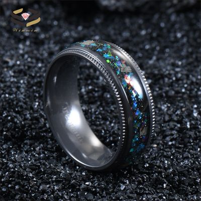 High Polished Black Zirconium 8mm Ring featuring Meteorite Inlay and Galaxy Opal Shaving for Other Religious Type