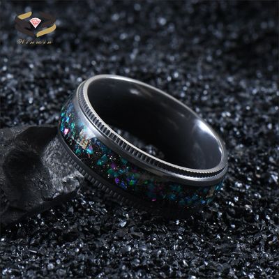 High Polished Black Zirconium 8mm Ring featuring Meteorite Inlay and Galaxy Opal Shaving for Other Religious Type