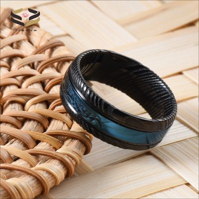 Third Party Appraisal Men Fashion Jewelry 8mm Black Blue Damascus Steel Ring Double Black Grooved Wedding Band with Logo