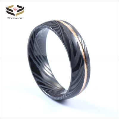 Custom Hammered Black Damascus Steel Rings Wedding 8mm Rose Gold Plated For Men