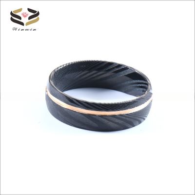 Custom Hammered Black Damascus Steel Rings Wedding 8mm Rose Gold Plated For Men