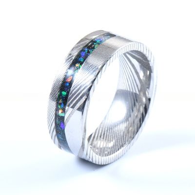 Galaxy Opal Silver Damascus Wedding Band custom Logo 8mm For Men