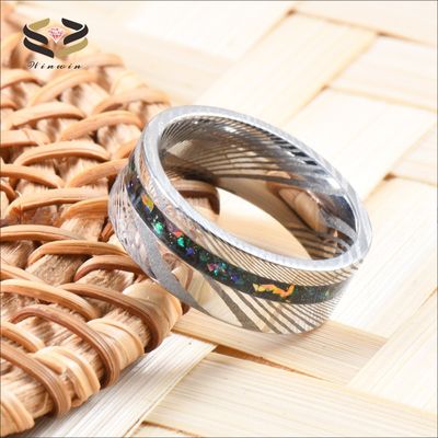 Galaxy Opal Silver Damascus Wedding Band custom Logo 8mm For Men
