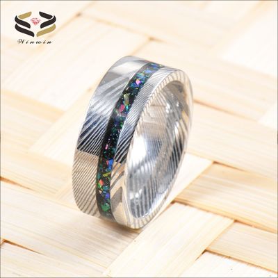 Galaxy Opal Silver Damascus Wedding Band custom Logo 8mm For Men