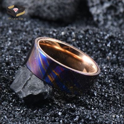 8mm Timascus Steel Ring with Rose Gold Titanium Inlay Add a Touch of Glamour to Your Look