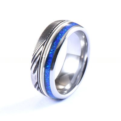 Men's Hunting Damascus Steel Wedding Bands 8mm Blue Opal Silver Guitar String Inlay