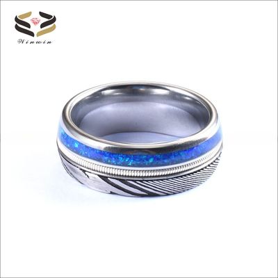 Men's Hunting Damascus Steel Wedding Bands 8mm Blue Opal Silver Guitar String Inlay