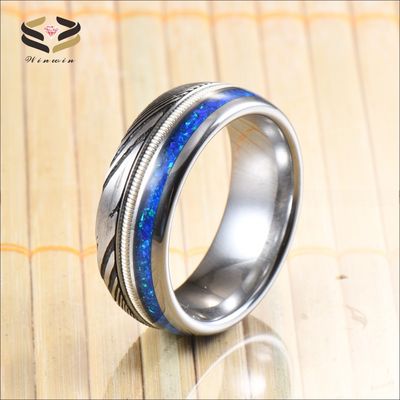 Men's Hunting Damascus Steel Wedding Bands 8mm Blue Opal Silver Guitar String Inlay