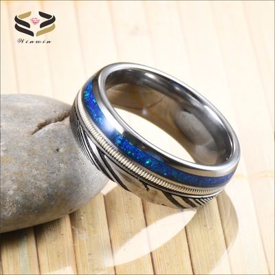 Men's Hunting Damascus Steel Wedding Bands 8mm Blue Opal Silver Guitar String Inlay