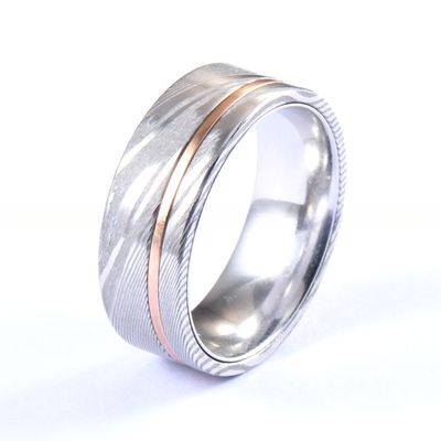 Engagement Men's Damascus Steel Rings 8mm with Tungsten Core Inner And Copper Inlay