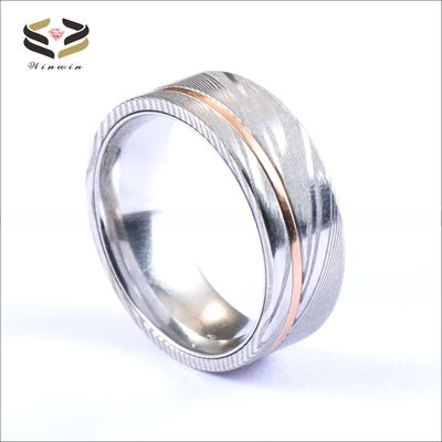 Engagement Men's Damascus Steel Rings 8mm with Tungsten Core Inner And Copper Inlay
