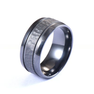 Third Party Appraisal Geometric 8mm Custom Dome Edge Hammered Two Gear Pattern Black Zirconium Ring for Men Wedding Band