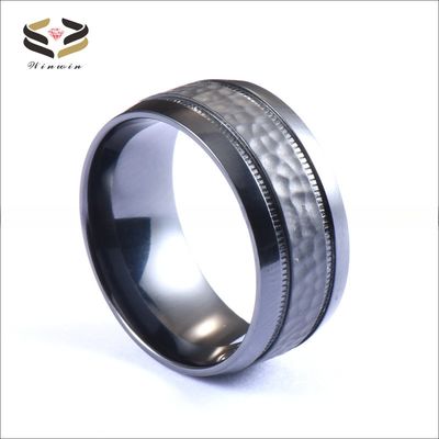 Third Party Appraisal Geometric 8mm Custom Dome Edge Hammered Two Gear Pattern Black Zirconium Ring for Men Wedding Band
