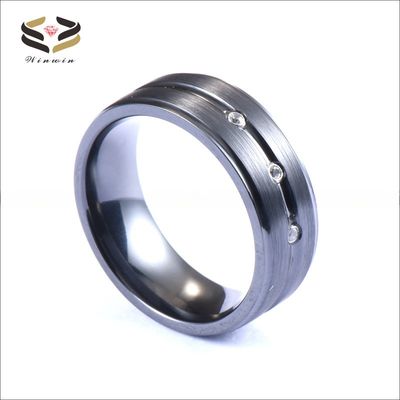 8mm Black Zirconium Ring with Silver CZ Diamond Stones Inlaid Single Groove Men's Wedding Band Plating Color N/A