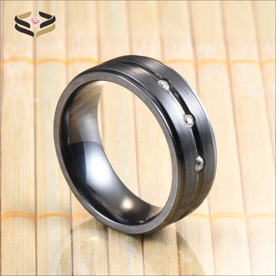 8mm Black Zirconium Ring with Silver CZ Diamond Stones Inlaid Single Groove Men's Wedding Band Plating Color N/A
