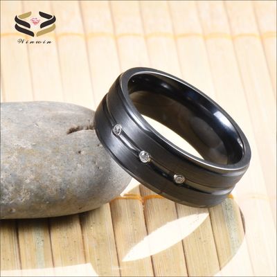 8mm Black Zirconium Ring with Silver CZ Diamond Stones Inlaid Single Groove Men's Wedding Band Plating Color N/A