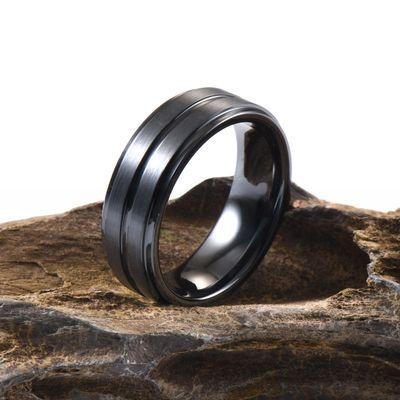 Step Edge Black Ceramic Wedding Band 8mm Brushed Center Grooved For Men Anniversary Gift