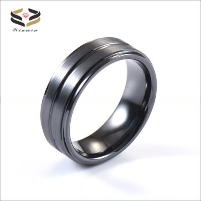 Step Edge Black Ceramic Wedding Band 8mm Brushed Center Grooved For Men Anniversary Gift