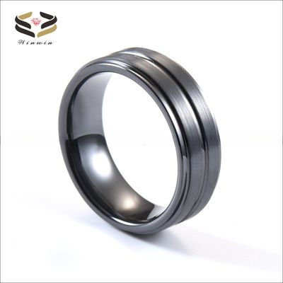 Step Edge Black Ceramic Wedding Band 8mm Brushed Center Grooved For Men Anniversary Gift