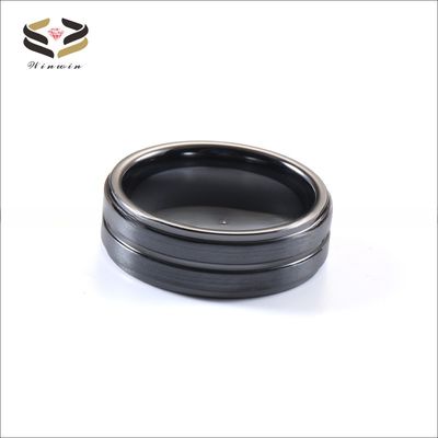 Step Edge Black Ceramic Wedding Band 8mm Brushed Center Grooved For Men Anniversary Gift