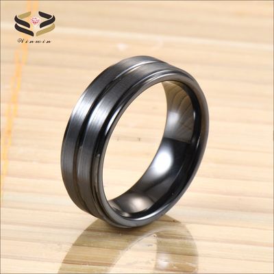 Step Edge Black Ceramic Wedding Band 8mm Brushed Center Grooved For Men Anniversary Gift