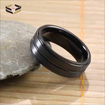 Step Edge Black Ceramic Wedding Band 8mm Brushed Center Grooved For Men Anniversary Gift