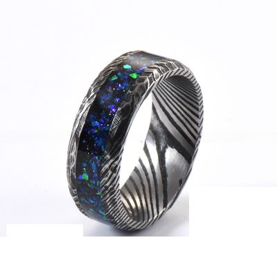 8mm Damascus Steel Wedding Band Ring Galaxy Opal Inlayed For Men