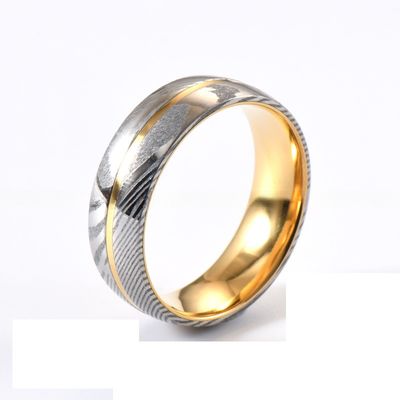 Men'S Engagement Polish Damascus Steel Rings With Grooved Inlaid Golden Tungsten Core
