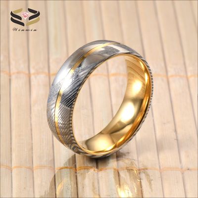 Men'S Engagement Polish Damascus Steel Rings With Grooved Inlaid Golden Tungsten Core