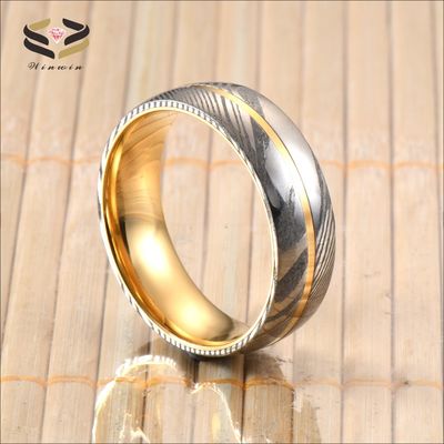 Men'S Engagement Polish Damascus Steel Rings With Grooved Inlaid Golden Tungsten Core