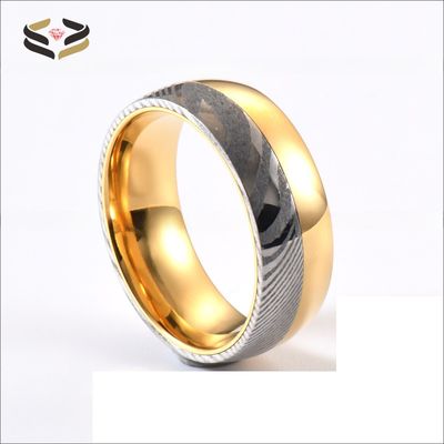 Men Gold Silver Two Tone Damascus Steel Wedding Band 8mm Polished with Tungsten Linner
