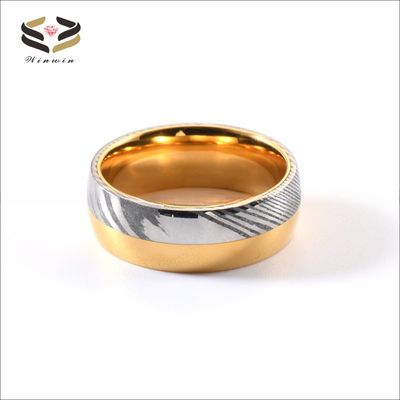 Men Gold Silver Two Tone Damascus Steel Wedding Band 8mm Polished with Tungsten Linner