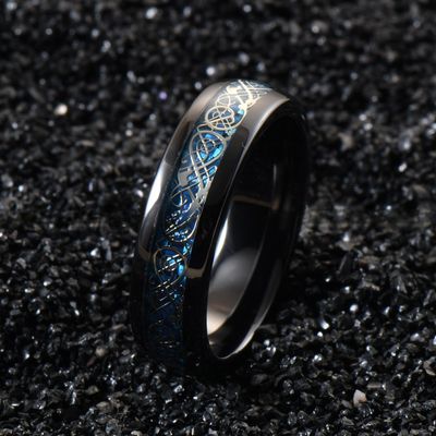 Dome Black Ceramic Wedding Band 6mm Blue Carbon Fiber And Dragon Inlayed Polished