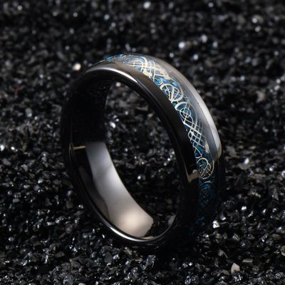 Dome Black Ceramic Wedding Band 6mm Blue Carbon Fiber And Dragon Inlayed Polished