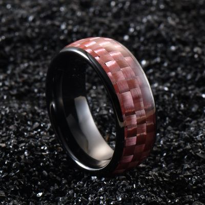 8mm Black Ceramic Wedding Band With Pink Carbon Fiber Inlay And Invisible Setting