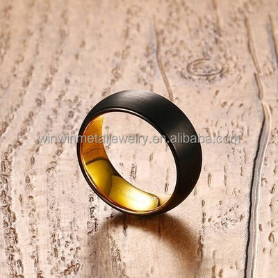 8mm Black Brushed Tungsten Wedding Band Ring with Gold Inner Vintage Style for Unisex