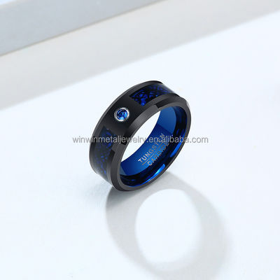 Blue Carbon Fiber Tungsten Carbide Wedding Band with Beveled Edges and Stylish Design