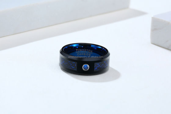Blue Carbon Fiber Tungsten Carbide Wedding Band with Beveled Edges and Stylish Design