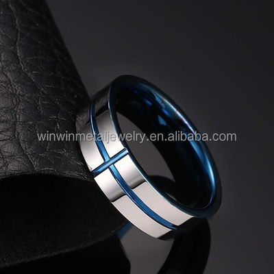 Blue 6mm Grooved Cross Tungsten Wedding Band Ring for Men & Women Trendy Comfort Fit